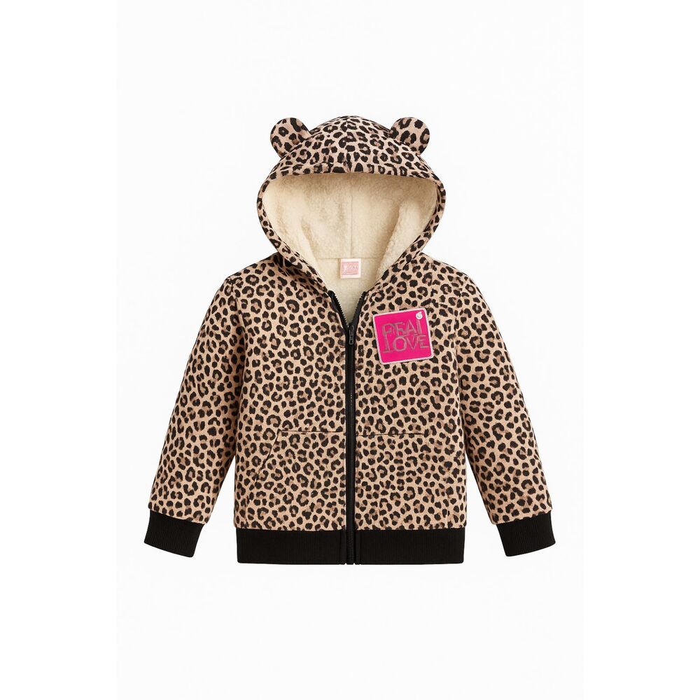 Girls Leopard Sherpa Hooded Jacket with Ears Zip Up – Size 3T real love